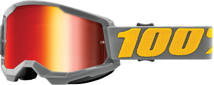 100% Goggles Strata 2 Izipizi - Spegel med grå ram och spegelglas, idealiska för motocross och motorcykelskydd. Justerbart band med gul 100%-logotyp.