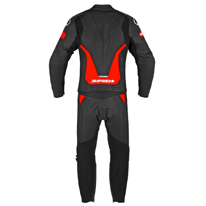 Spidi Mc-Skinnställ 2-delat Laser Touring Svart/Röd bakifrån, med röd detaljering och ergonomisk passform för touring och sportkörning.