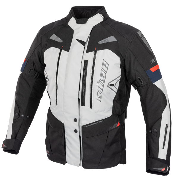 Buse Dam Textil Mc-Jacka Monterey Grå med svart och vit design, justerbara remmar och ventilationsdragkedjor fram. Perfekt för motorcykelåkning.