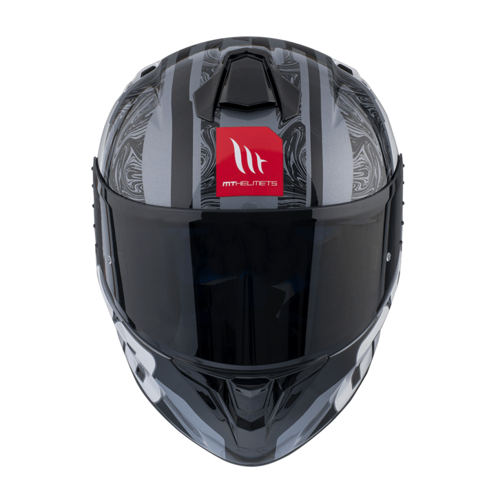 Framsidan av MT Helmets Integral Mc-Hjälm Targo Pro Welcome Grå med tonat visir och röd MT Helmets-logotyp. Elegant och funktionell för motorcyklister.