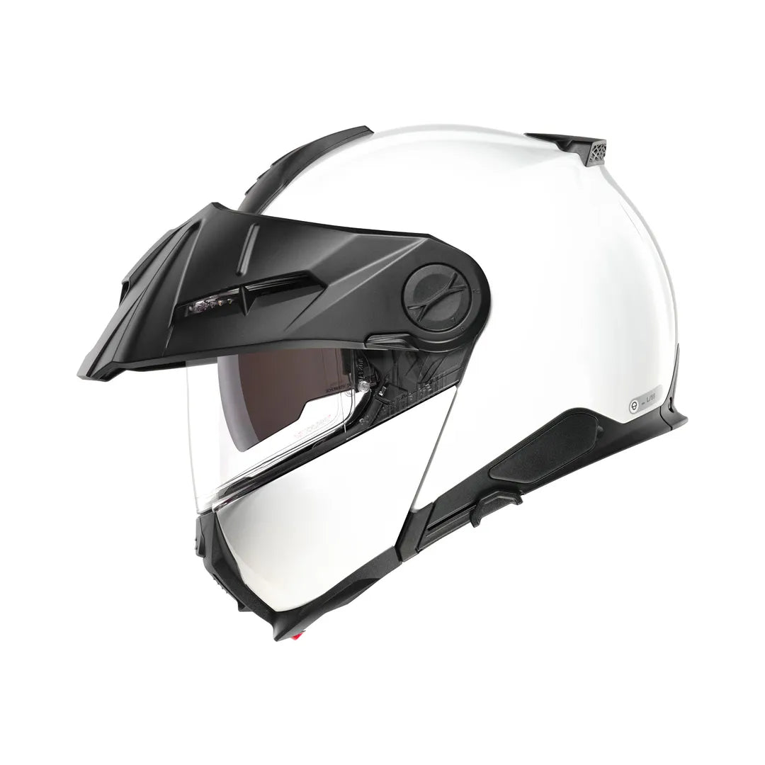 Schuberth Öppningsbar Mc-Hjälm E2 Vit med aerodynamisk design och avancerad ventilation, anpassad för både dam och herr.