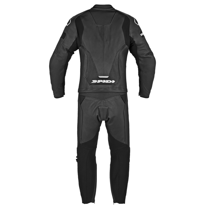 Spidi Mc-Skinnställ 2-delat Laser Touring Svart, bakifrån med logotyp och ergonomisk design för touring och sportkörning.