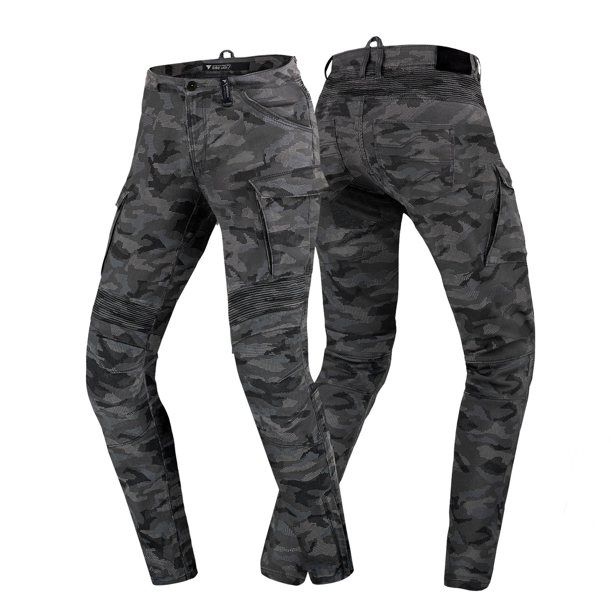 Shima Dam Kevlar Mc-Jeans Giro 2.0 Camo med grått kamouflagemönster, förstärkta knän och praktiska fickor, fram- och bakvy.